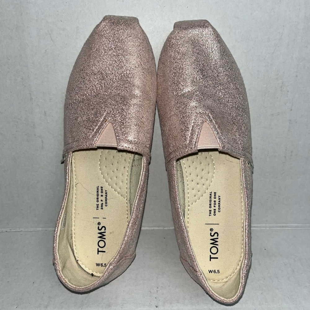 Sz 6.5 TOM WOMENS CANVAS FLATS SLIP ON SHOES ROSE GOLD GLITTER COLOR